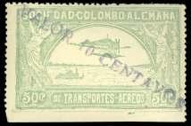 Estimate $500-750 513 Colombia, Air mail, 1920 CCNA, 10c Plane on ground (C9), faint vi o let oval can cel, ex cep tion ally large bal anced