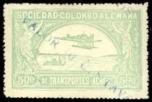 Estimate $750-1,000 514 Colombia, Air mail, 1920 SCATDA, 50c green (C16), two ex am ples, each tied on a sep a rate piece by blue Correos