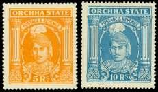 73 Ex 74 73 In dian States: Jind, 1938, King George VI, 25r (150), o.g., never hinged, a fresh and bright ex am ple with gut ter sel vage at right, Very Fine.