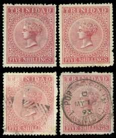 Estimate $100-150 TURKS & CAICOS 85 P Turks & Caicos, 1928, King George V, ½d, 1d, 1½d and 5s trial col ors (60//69), in blue on card stock, with out gum, clean, Very Fine,
