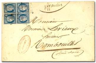 118 France, 1850, Ceres, 25c light blue on blu ish (6), block of 4 tied by small nu meral 1412 (Gonesse) on cover to Ram bouil let, post marked Paris, 5 Feb 1852, on re verse along with Ram bouil let