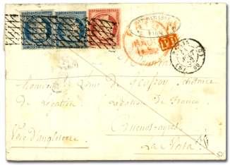Estimate $2,000-3,000 119 France, 1850, Ceres, 25c blue on blu ish (6a), two sin gles used with 1fr dark car mine (9c), tied by roller can cel on folded let ter to Buenos Aires, Argentina, post