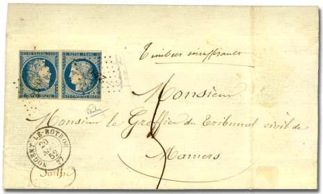 121 ( ) France, 1850, Ceres, 25c blue, tête-bêche pair (6c), clear to mostly large mar gins, tied by small nu - meral 2280 can cels on cover front to Mamers, post marked Nogent-le-Rotrou, 20
