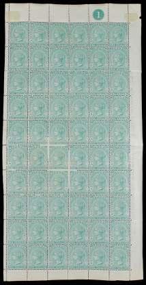 BRITISH COMMONWEALTH BAHAMAS 11 / Ba ha mas, 1880, Queen Vic to ria, 1s green, perf 14, thick pa per (19), com plete pane of sixty, with plate num ber at top and im print