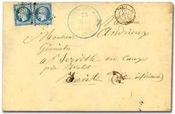 125 126 125 France, 1852, Pres i dency, 10c pale bister on yel low ish (10), four-mar gin horizontal pair tied by small nu meral 186 can cel on large folded cover post marked Bougoin
