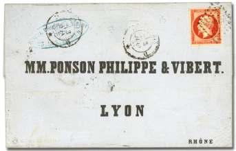 Estimate $600-800 126 France, 1852, Pres i dency, 10c pale bister on yel low ish (10), large mar gins, tied by neat small nu meral 2102 on small folded cover post marked Perigueux, 16