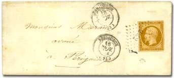 Estimate $200-300 128 129 128 France, 1853, Na po leon III im per fo rate, 25c blue on blu ish (17), two four-mar gin sin gles tied by mute Paris stars on cover to Yerville, 10 May 1854,