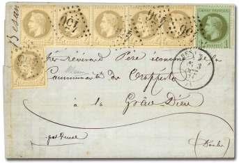134 135 134 France, 1870, Na po leon III Lau re ate, 1c bronze green on pale blue (29), tied by red Paris printed mat - ter cds, Aug 1870, onto ad dress