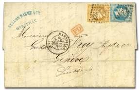 Estimate $400-600 139 France, 1867, Na po leon III Lau re ate, 80c rose on pink ish (36), block of 8 tied by mute Paris stars on cover to Mauritius, post marked red Paris (5) Affranchissements cds, 1