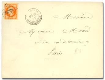 Estimate $600-800 140 France, 1867-70, Na po leon III Lau re ate, se lec tion of 15 cov ers, com pris ing 10c (4, in clud ing two pairs & one w/2 sin gles plus a 5c 1861 #23), 20c (4), 30c (2 sin gle