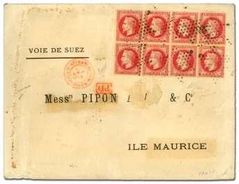 Estimate $200-300 141 143 141 France, 1870, Bor deaux, 4c gray, re port 2 (40), four-mar gin block of 6, used with 1c Na po leon Lau re - ate (29), tied by large nu meral 3186 can cels on cover to