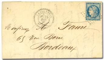 Estimate $400-600 145 France, 1870, Bor deaux, 20c blue on blu ish, type 2 (44), se lec tion of 25 cov ers, all are sin gle frankings and all have four mar gins, nice range of shades and post marks,