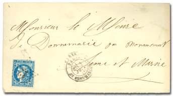 ), used with 20c Na po leon Lau re ate & 20c Siege of Paris (33, 57), tied by large nu meral 2240 can cels on reg is tered cover from Mar seille to Paris, 30 Aug 1871, five red wax seals on re verse;