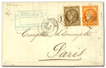 Estimate $750-1,000 151 France, 1870, Bor deaux, 30c brown on yel low ish (46), four-mar gin sin gle used with a 10c Na po leon Lau re ate (32), tied by large nu meral 3982 can cels on small folded
