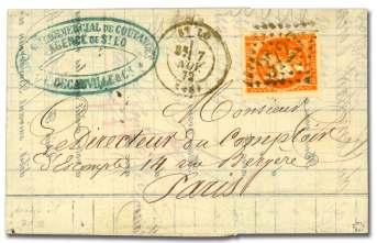 Estimate $300-400 151 152 153 152 France, 1870, Bor deaux, 40c ocher (47e), a choice sin gle with huge mar gins and vivid color tied by large nu meral 3723 on small folded let ter from St.