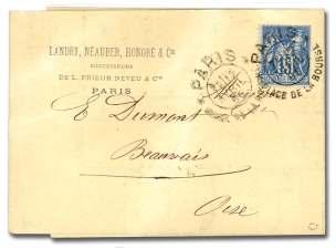 154 155 154 France, 1871, Ceres, 15c bister on yel low ish, small nu mer als (56), tied by ASNA can cel on small cover post marked clear Ver sailles ASSEMBLEE NAT LE cds, 29 Jun