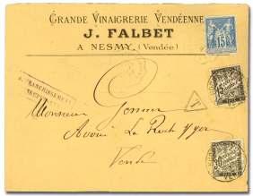 159 160 159 France, 1890, Sage Type II, 75c deep vi o let on or ange (102), strip of 4 used with 40c type I & 5c type II (74, 78), tied by Paris cdss on reg is tered cover to Cabourg, 22 Sep 1879;