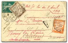 Estimate $150-200 160 France, 1906, twice-for warded cover via New South Wales and Uru guay, franked with 25c Lined Sower (141), tied by Lille St.