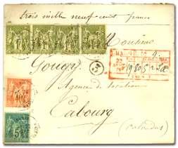 5d green (38) the cover was forwarded to Montevideo, Uruguay; fi nally, from Mon te vi deo, us ing Uru guay 1c, 2c (2) & 5c stamps (161-163), the cover was for warded to the ad dressee, who ap par