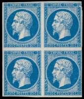 Estimate $600-800 170 a France, 1853, Na po leon III im per fo rate, 25c blue on blu ish (17), used block of 4, roller of large dots can cels, clear to