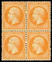 een on pale blue (22), block of 4, o.g., lightly hinged at top only (bot tom stamps never hinged), fresh and Very Fine; signed Roumet. Yvert 19; 1,000 ($1,300). Scott $750.
