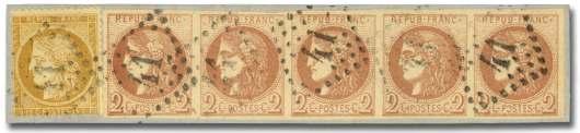 Yvert 43Bb; 1,700 ($2,210). Scott $1,000+. Estimate $500-750 183 France, 1870, Bor deaux, 30c brown, R joined to frame (46 var.