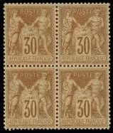 Estimate $750-1,000 198 a France, 1876, Sage Type II, 30c yel low brown on yel low ish (82), ver ti cal gut ter block of 4,