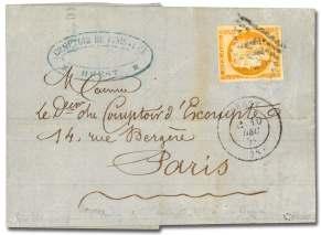 FRENCH COLONIES 213 French Colonies, used in France, 1872, 30c brown (12), tied by large nu meral 691 on small folded let - ter from Carn to Paris, 2 Jun 1873; backstamped