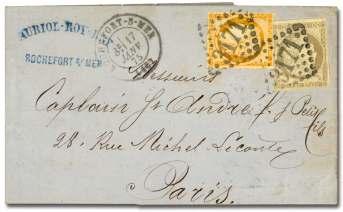 Estimate $400-600 214 French Colonies, used in France, 1871, 40c or ange (14), tied by large nu meral 611 on small folded let ter from Brest to Paris, 10 Dec 1873;