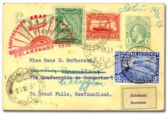 ceiver; handstamped re cord ing num ber 50818 ; the New - found land stamps are tied by the flight ca chet and by an ad di tional Berlin cds, 26.8.31, the same date that the card was marked for re turn to the sender, one Rene McPherson of Grand Falls, Nfld.