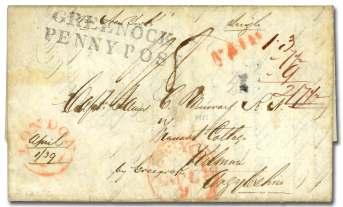 soil ing, F.-V.F. Estimate $300-400 26 27 26 Can ada, 1852, Bea ver, 3d red (4), large bal anced mar gins, tied by clear 4-ring nu meral 52 on small mourn ing cover to Perth, C.W.