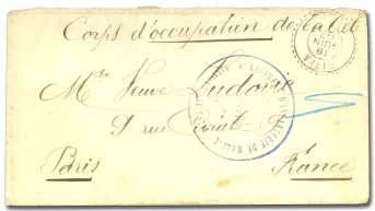 Estimate $250-350 277 Greece: Crete - French Ad min is tra tion, 1898, cover to Chateauroux, un franked cover with manu - script Corps d'occupation Francaise en (Crète) and with nice blue strike of
