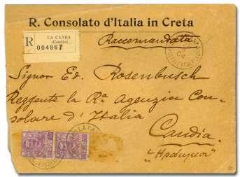 279 Greece: Crete - Ital ian Ad min is tra tion, 1902, let ter from La Canea to Rome 29 June 1902, franked with pair of Umberto I, 25c. over printed in red 1 piastre 1 and 10c. of V.