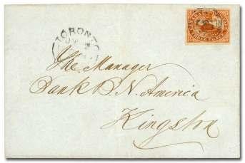BRITISH COMMONWEALTH 28 29 28 Can ada, 1852, Bea ver, 3d red (4), am ple to large mar gins, tied by neat blue 4-ring nu meral 2 on folded let