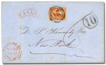 Kingston, Jul 2, 1854, backstamped Kingston, Very Fine. Estimate $200-300 31 Can ada, 1852, Bea ver, 3d deep red (4 var.