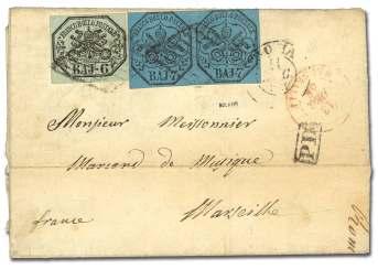 ITALIAN AREA 319 Ital ian States: Pa pal/ro man States, 1858, folded let ter to Mar seille (7-8), franked with 6 bajocchi; large mar gins on four sides & 7 bajocchi hor i zon tal pair; com plete mar