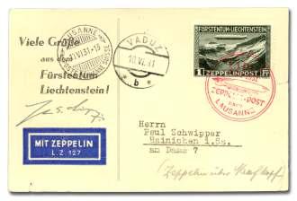 Estimate $200-300 337 Liech ten stein, Air mail, 1931, 1fr-2fr Zep pe lin com plete (C7-C8), tied on Zep pe lin card and cover, re -