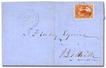 BRITISH COMMONWEALTH 32 33 32 Can ada, 1853, Bea ver, 3d brown red (4a), am ple to large mar gins, tied by bold 4-ring nu meral 38 on folded