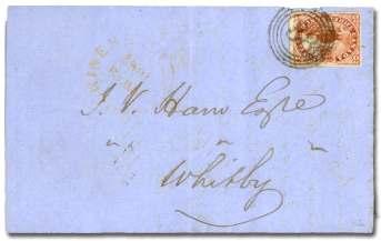 Estimate $200-300 34 35 34 Can ada, 1853, Bea ver, 3d brown red (4a), large mar gins, tied by in com plete 4-ring nu meral 35 (nu - mer als