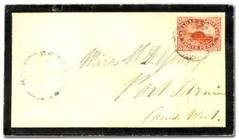 Estimate $200-300 35 Can ada, 1853, Bea ver, 3d brown red (4a), am ple to large mar gins, tied by clear 4-ring nu meral 37 on folded cover