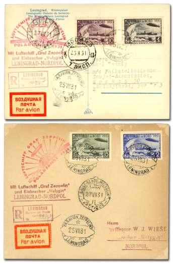 Estimate $300-400 351 Rus sia, Air mail, 1931, Po lar Flight Zep pe lins com plete, imperf (C26-C29), tied on cacheted Zep pe lin cover (35k