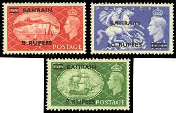 ASIA, MIDDLE EAST AND AFRICA ASIA, MIDDLE EAST AND AFRICA BAHRAIN 387 Bah rain, 1949, Sur charges, 2r on 2s6d to 10r on 10s (78b,79-80), group of three, com pris ing 2r on 2s6d