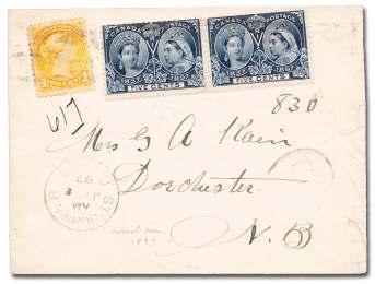 BRITISH COMMONWEALTH 36 37 36 Can ada, 1853, Bea ver, 3d brown red (4a), Fine, tied by in com plete 4-ring nu meral 11 on small mourn - ing cover to