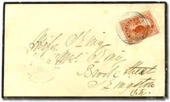 cds, Feb 28, 1865, to Que bec, backstamped Mon treal and Que bec; in sig nif i cant ver ti cal file fold, Very Fine.