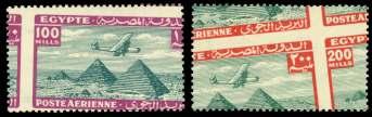 ASIA, MIDDLE EAST AND AFRICA EGYPT 393 Egypt, Air mail, 1933-38, Plane over Pyr a mids, 1m-200m com plete, mis-per fo rated (C5-C25 vars.), in cludes two dis tinct shades of the 10m, o.g., never hinged, Very Fine and rare, one 100 of each pro duced, from the Royal Col lec tion.