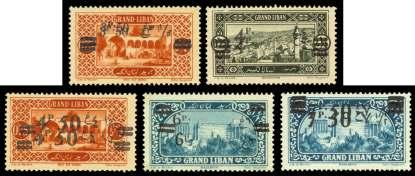 ASIA, MIDDLE EAST AND AFRICA 406 / Lebanon: French Mandate, 1926, dou ble sur charges (63-65, 68-69 vars.