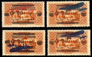 Estimate $300-400 422 a Lebanon: French Mandate, Air mail, 1929, 50c yel low green, air plane dou ble (C33 var.), block of 4, o.g., never hinged; folds across per fo ra tions but not af fect ing stamps, F.