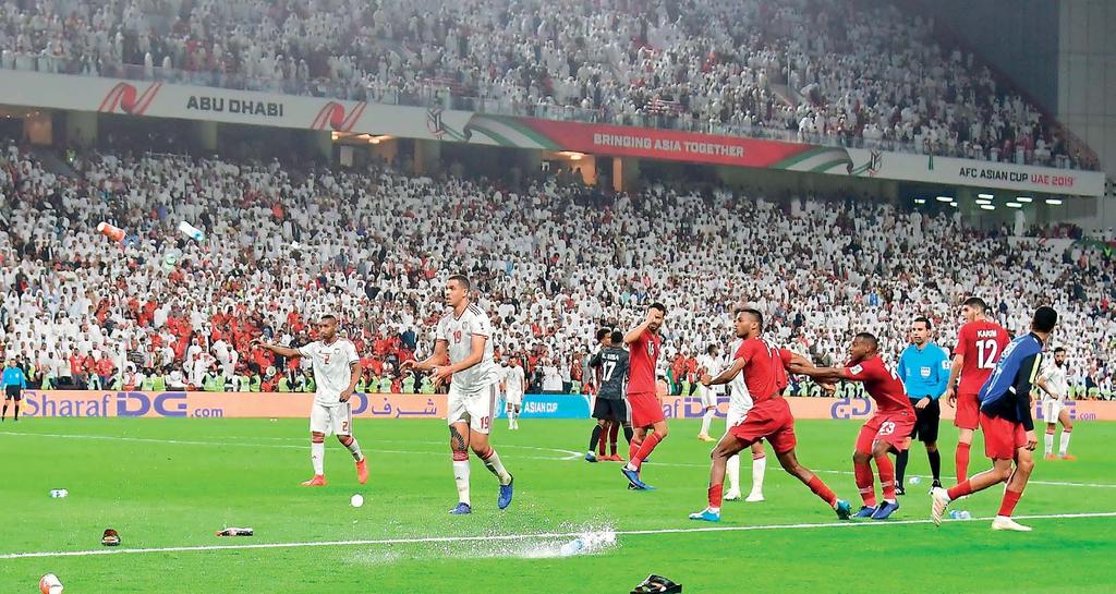 05 Qatar s forward Almoez Ali (centre) shoots to score during the 2019 AFC Asian Cup semi-final against UAE at the Mohammed Bin Zayed Stadium in Abu Dhabi, yesterday.