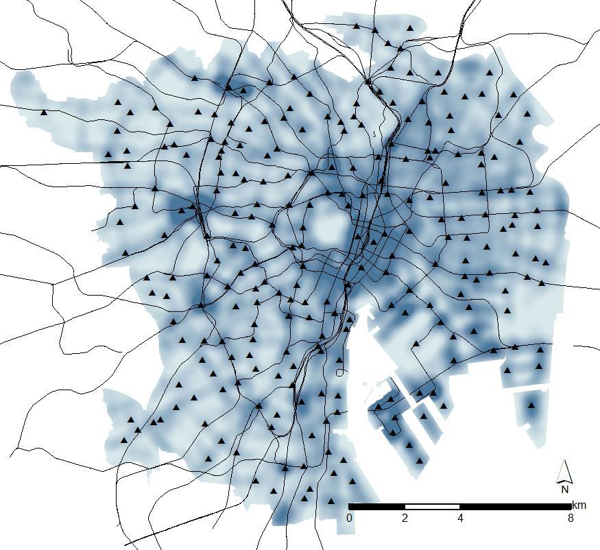 Number of peaks Kernel density distribution estimation 04. Peak analysis of pedestrian spaces Peaks and stations within bandwidth from boundary were excluded from analysis.