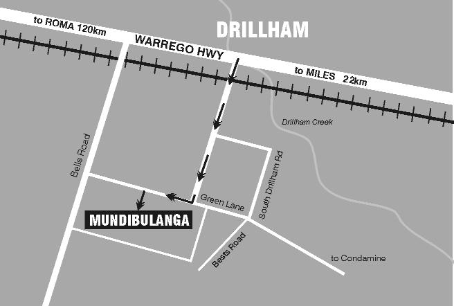 MUNDIBULANGA DRILLHAM From Drillham take the South Drillham Road over the railway line, straight ahead on to the gravel road for 6km to t-junction, turn right. Mundibulanga 2km on left.